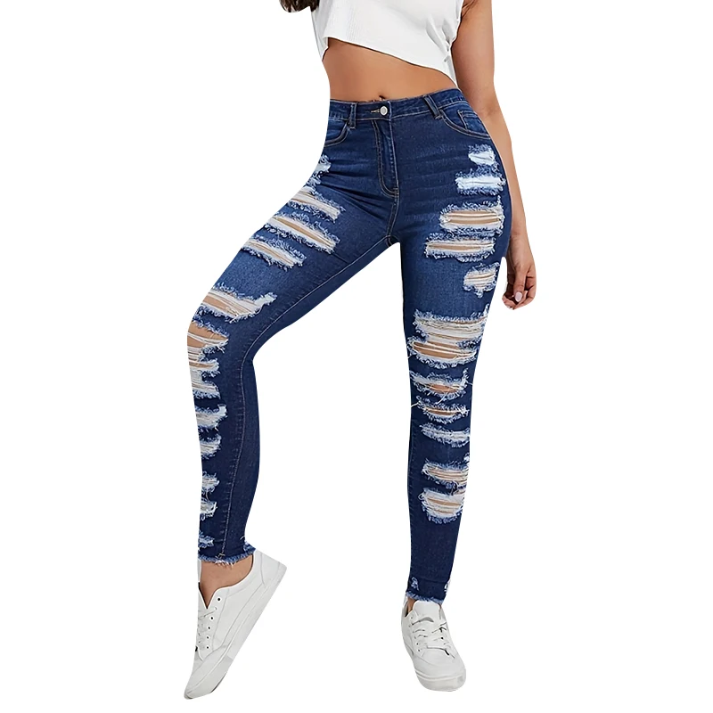 

TWOTWINSTYLE High Waist Patchwork Pockets Hole Hollow Out Fashion Trousers Jeans For Women