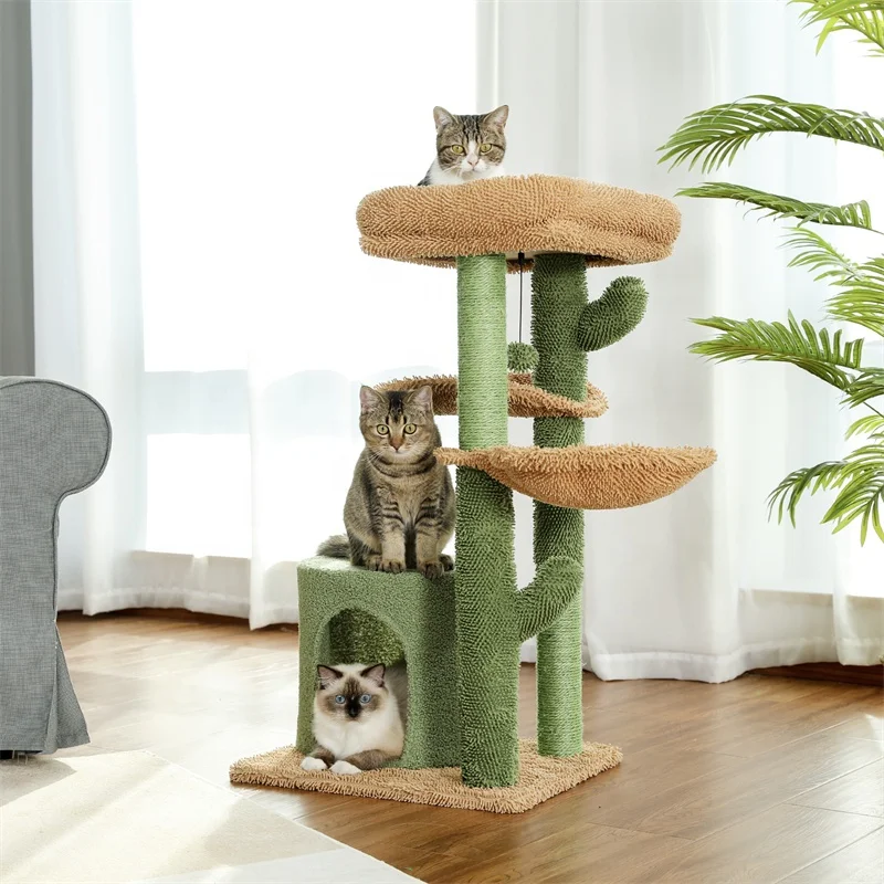 

Modern Cactus Cat Tree Scratcher Cat Tree Condo Hammock Cat Scratching Post, Green+brown