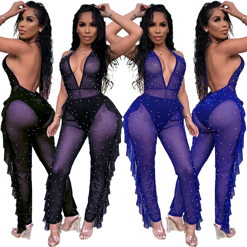 

XY-H3219 MIYU 2021 Drop shipping Women Beading Plus Size Jumpsuit Sequin V Neck Mesh Backless Women Jumpsuit