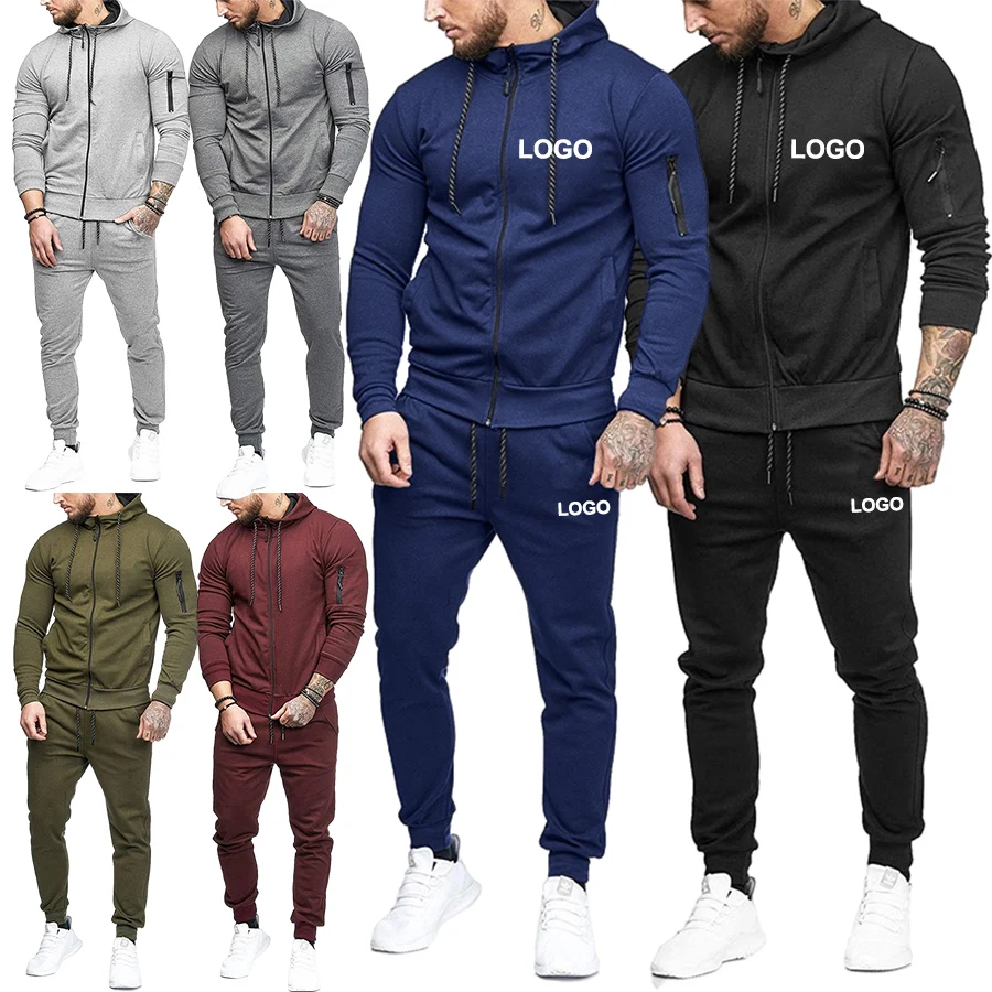 

wholesale custom print your logo solid zip hooded slim fit men fitness tracksuit sweatsuit jogger set, Blue,red,army green,dark gray,black,gray or oem