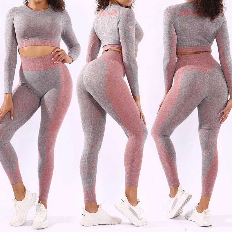 

Women's Workout Outfits Sports Running Yoga Bra 2 Pieces Seamless Long Sleeve Crop Top High Waist Legging Gym Sets, 4 colors