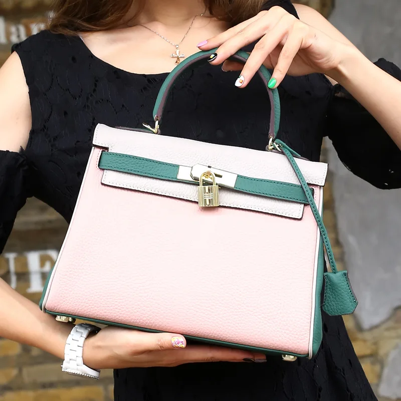 

2021 New Handbag Color Matching Lychee Pattern Leather Handbags High-quality First Layer Cowhide One-shoulder Diagonal Bag