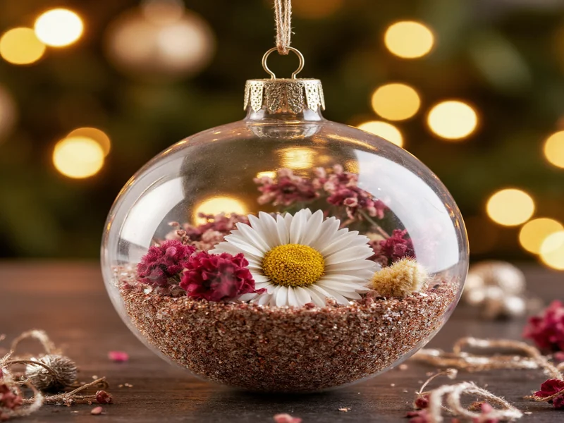 Clear glass ornament filled with glitter and dried flowers