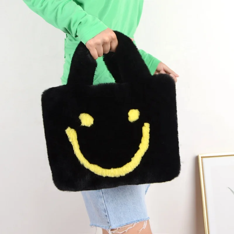 

2021 Fashion Solid Smile Pattern Handbag Ladies Shopping Bags Soft Faux fur Handbag for Women, Colorful