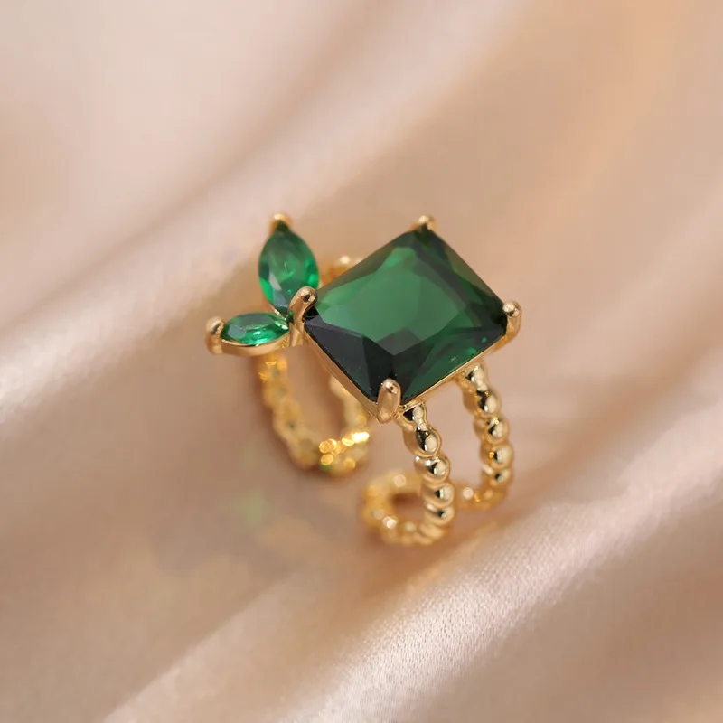 

Exquisite Emerald Zircon Ring Accessories 18K Gold Plated Adjustable Rings Jewelry
