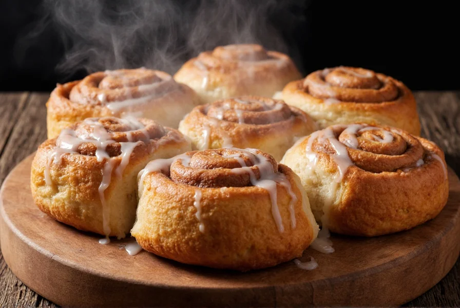 Freshly baked cinnamon buns with icing drizzle on wooden board, golden brown swirls visible, steam rising, professional food photography