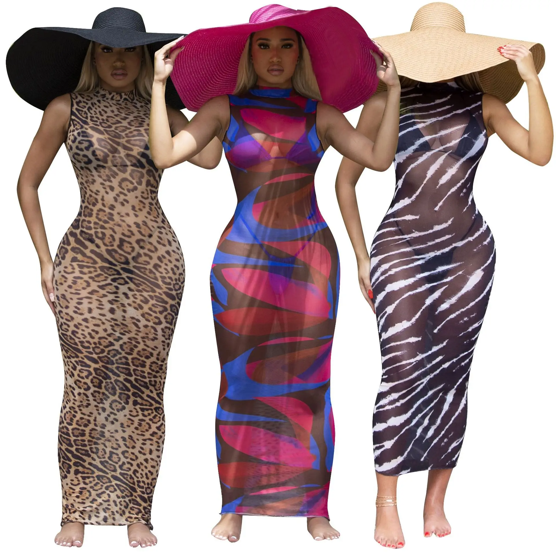 

2021 Fashion Women Aesthetic Summer Clothes Trend Sexy Sheer Mesh Leopard Bodycon Maxi Beach Dress Vacation Outfits