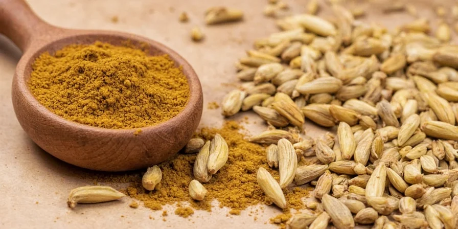 Ground cardamom spice in a wooden spoon on a rustic background