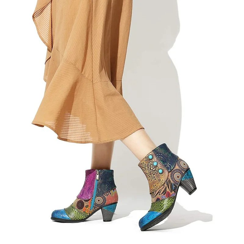 

Ladies Leather Winter Boots Chinese Martin Boots Elegant Shoes Women Shoes Short Boots Patchwork Printed Botas Mujer