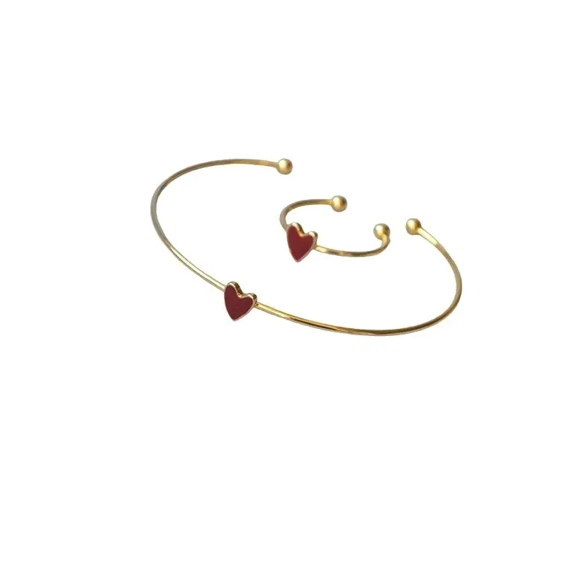 

Golden Copper Material 18K Gold Plated Bracelet Ring Red Enamel Heart Shaped Jewelry Set, Gold, red