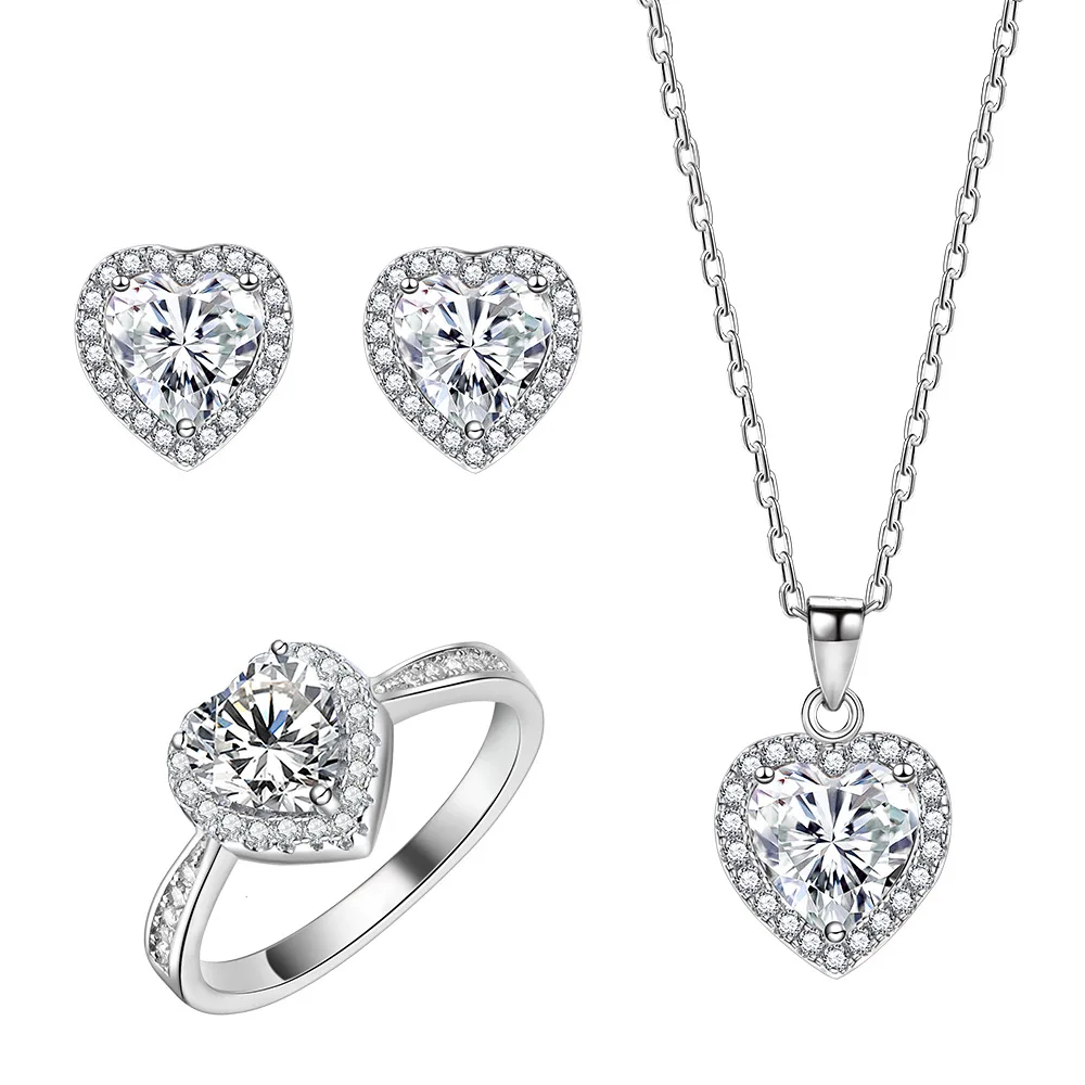 

Fashion Classic 3PCS/Set Diamond Necklace Earrings S925 Sterling Silver 6mm Diamond LOVE Rings Necklace Jewelry Set