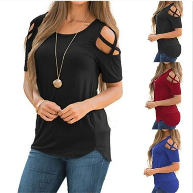 

Rummandy Women's Fashion Jersey Soft 100% Cotton Casual Loose Cold Shoulder Tops and Blouses Basic T Shirts, Customized colors