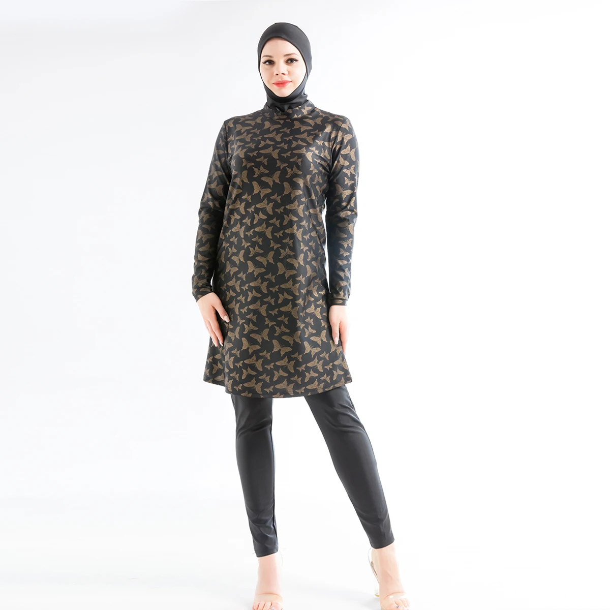 

MOTIVE FORCE Top Sale Black Bronzing Printing Long Sleeve Bathing Suit Swimsuit Islamic Swimwear