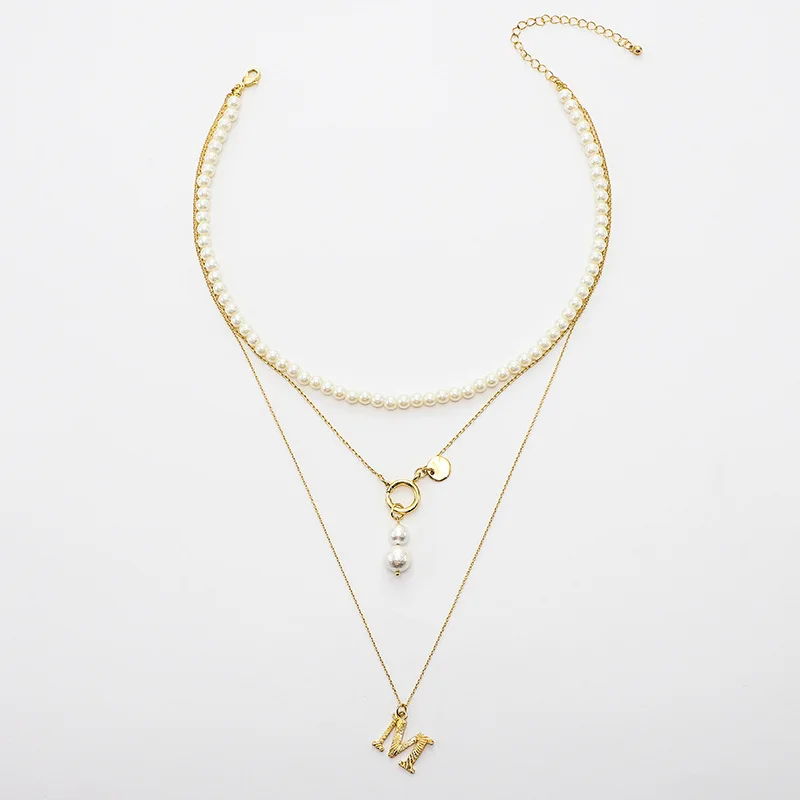 

Mirror Polished Gold Metal Multi-Layer Twin Pearl Letter Necklace For Women