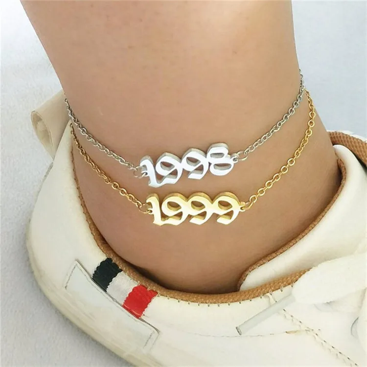 

Gold Plated Women Men Foot Jewelry Stainless Steel 2020 Birth Year Charm Anklet, Silver,gold