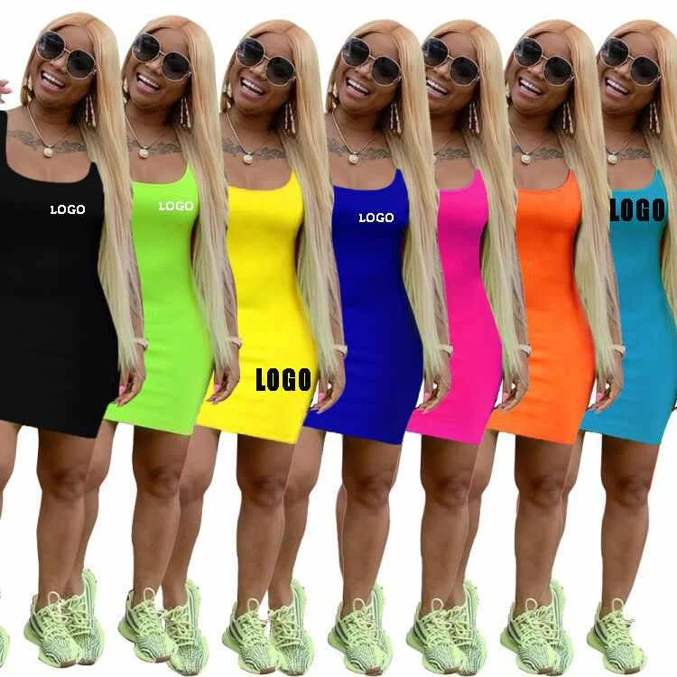 

2021 Summer Custom Logo Sleeveless Bandage Solid Color Casual Basic Mini Dress Bodycon Dress Women
