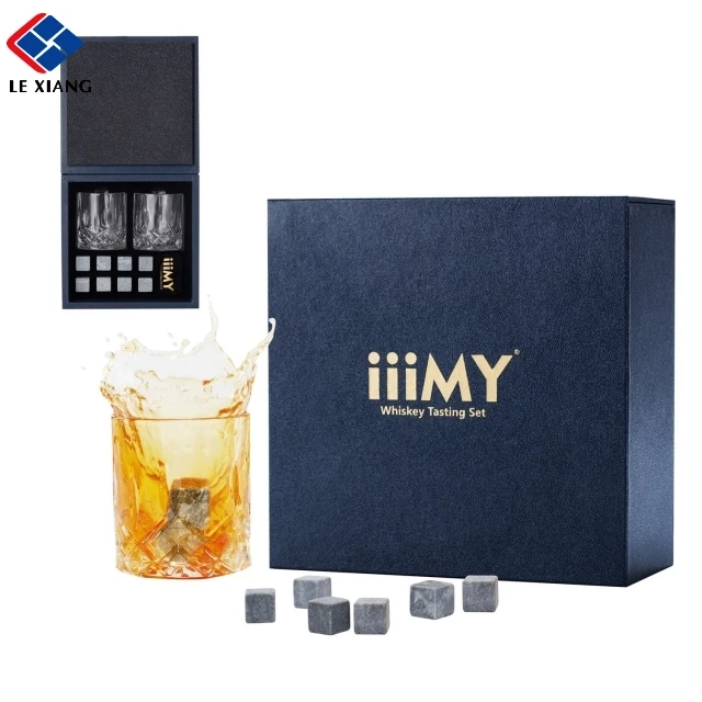 
2021 new High-end Whiskey Stones Gift Set 8 Whiskey Stones with 1 velvet bag 2 Delicate Whiskey Glass in Color Wooden Box 