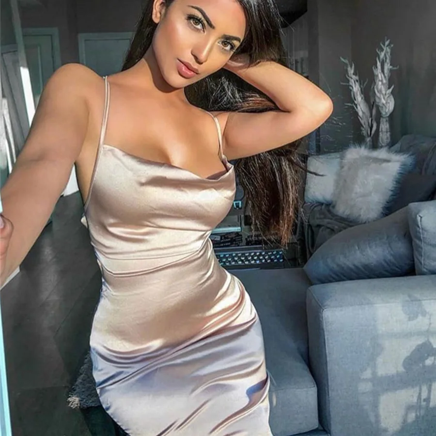 

Dropshipping Ladies Elegant Dress Sexy Halter Strap Satin Summer Long Dresses Cocktail Party Women Champagne Dress