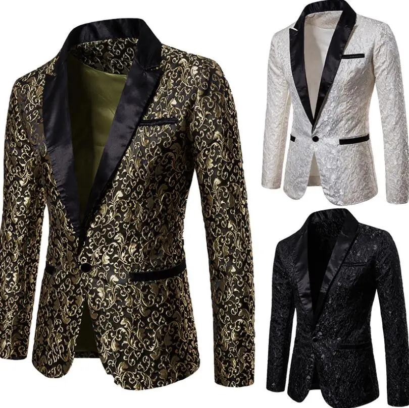 

PJ1922A latest design men's blazer jacket sequined performeance dress, White/black/gold