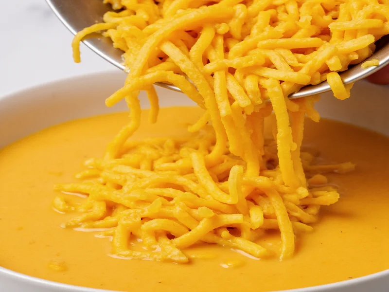 Shredded Velveeta melting into creamy cheese sauce