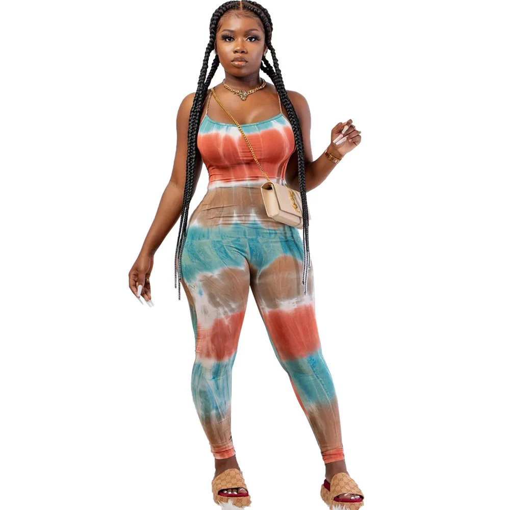 

2021 New Arrivals Fashion Women Casual Spaghetti Shoulder Girdle Sleeveless Vest Slim Pants Tie Dye Jumpsuit, Picture show