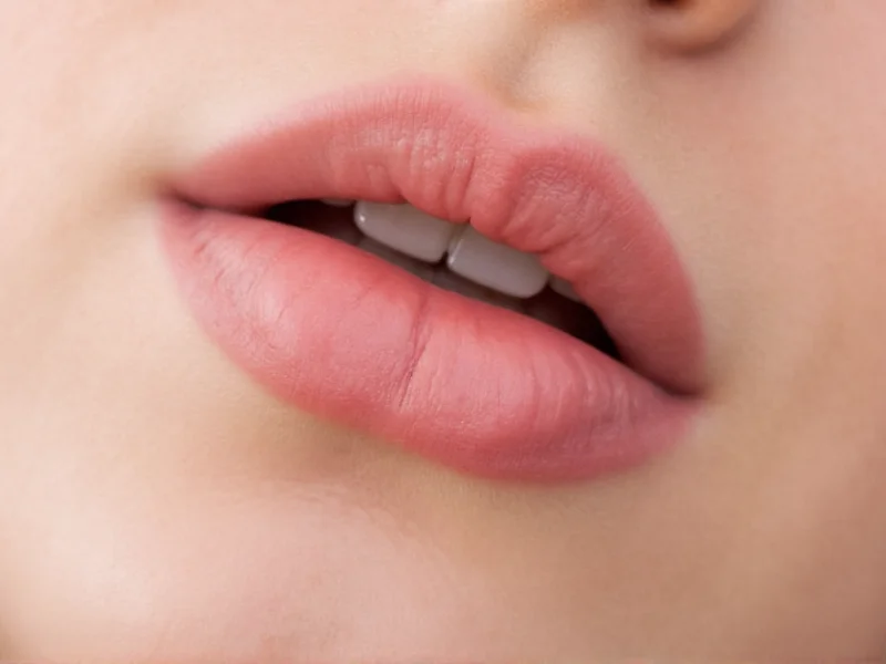Close-up of smooth lip balm application on dry lips