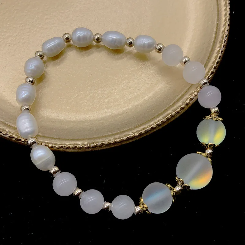 

Weihao Fashion Simple Moonstone Woven Pendant Bracelet Natural Freshwater Pearl Bracelet Baroque Pearl Bracelet, As picture show