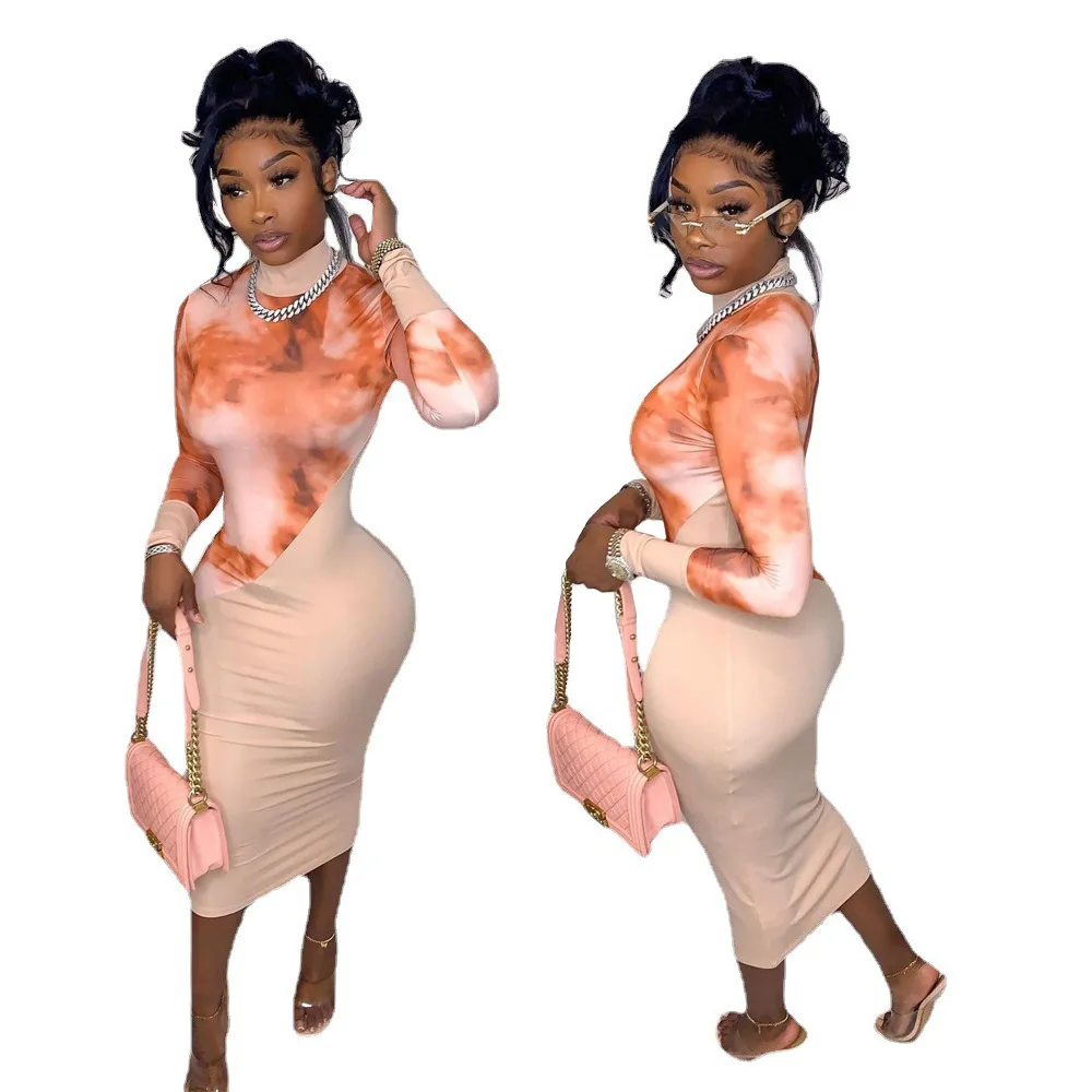 

Fall 2021 women clothes fashion casual printing stitching bodycon high neck fall dresses for women, Picture color