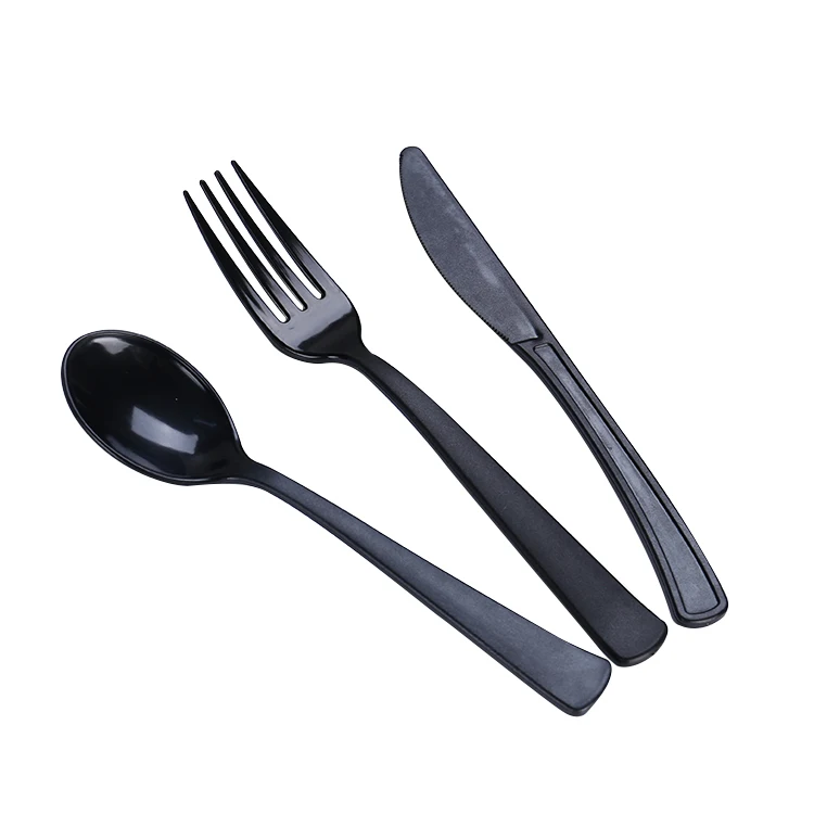 

High quality PS material Disposable Plastic Cutlery sets of forks and knives spoons with napkin, Black white clear