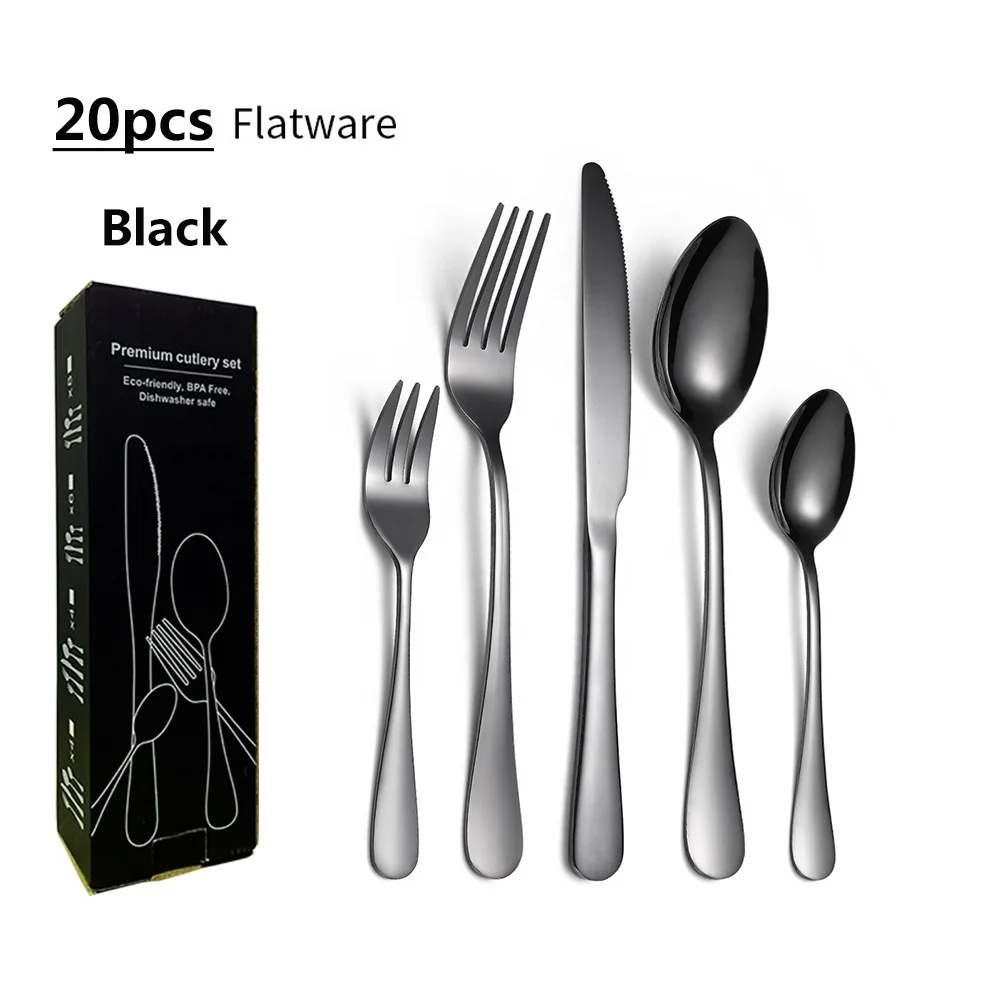 

Dishwasher safe black Stainless Steel Tableware Eating Utensil Set Titanium Colorful Plated 20pcs cutlery set