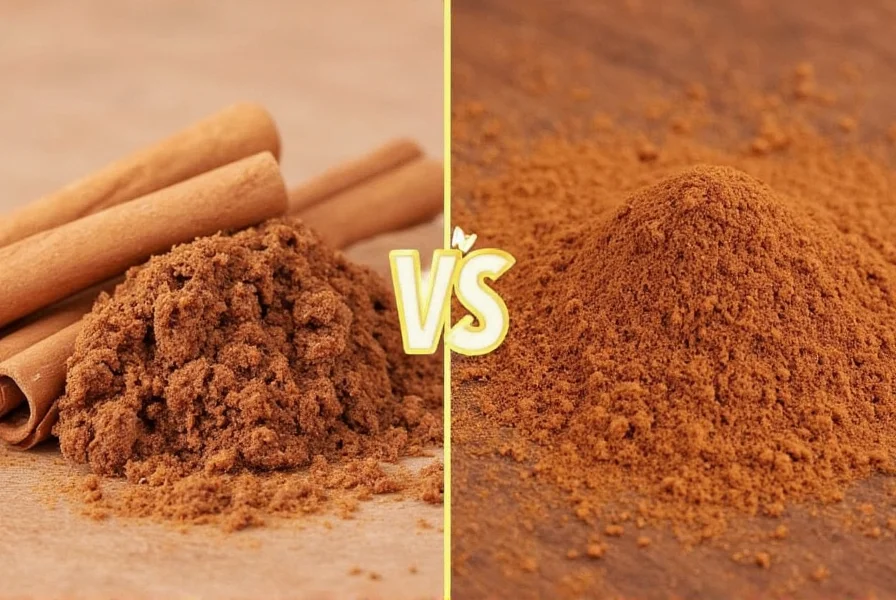 Close-up comparison of Saigon cinnamon sticks versus regular cassia cinnamon sticks showing texture differences