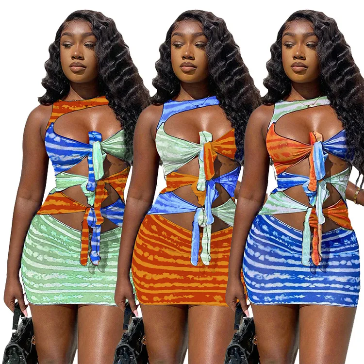 

Women Gradient Tie Dye Sexy Party Club Open Front Hollow Out Sleeveless Bodycon Mini Dress, Shown