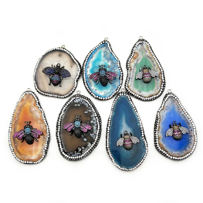 

Natural Agate Slice Micro CZ Pave Charms Pendant Multi Colors Gemstone Freeform Jewelry Drop Shape Crystal Necklace Pendants, Gold natural pendant