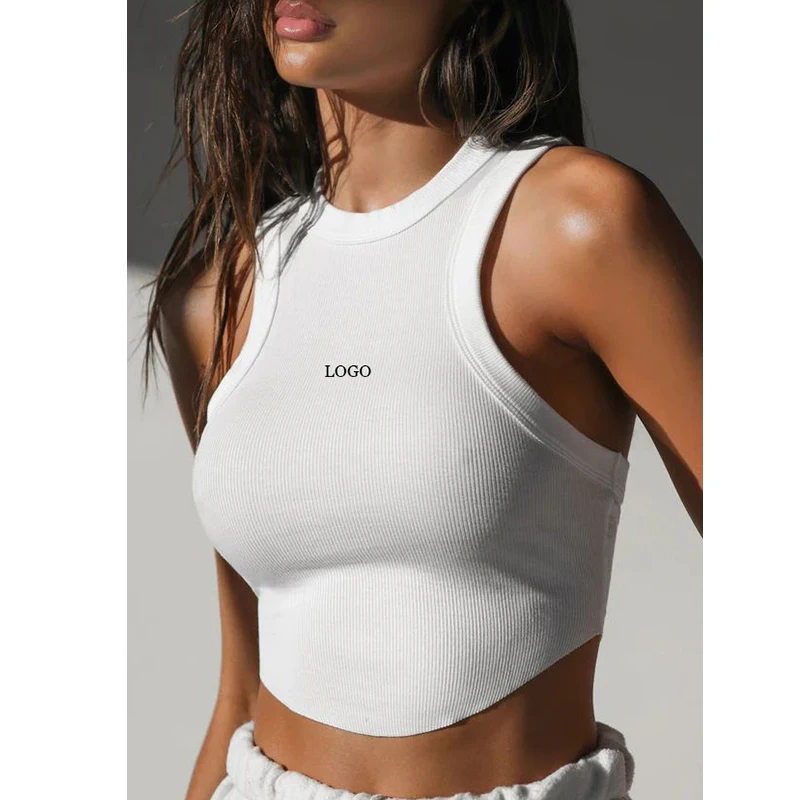 

L23039 Women Gym Wear Fitness Vest T-Shirt Featuring An Exaggerated Crew Neckline And Curved Hem Body Tank Ribbed Crop Tank Tops