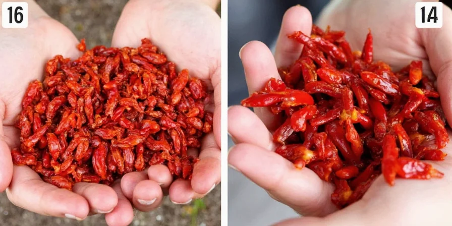 Finished collection of dried red peppers stored in jars