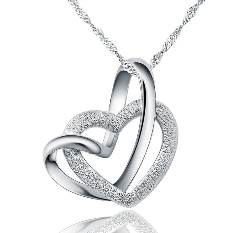 

925 Sterling Silver Double Heart Pendant Women Jewelry