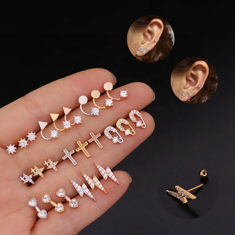 

Fashion full diamond stud earrings stars heart cross safety pin lightning bolt Earring for women jewelry Lobe Screw Stud Earring, 3 colors