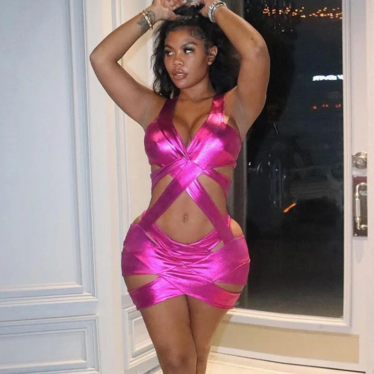 

Newest Products 2021 Nightclub Clothes Hollow Out V Neck Sleeveless Short Dresses For Ladies Women Mini Slip Dress -PT, Rose red