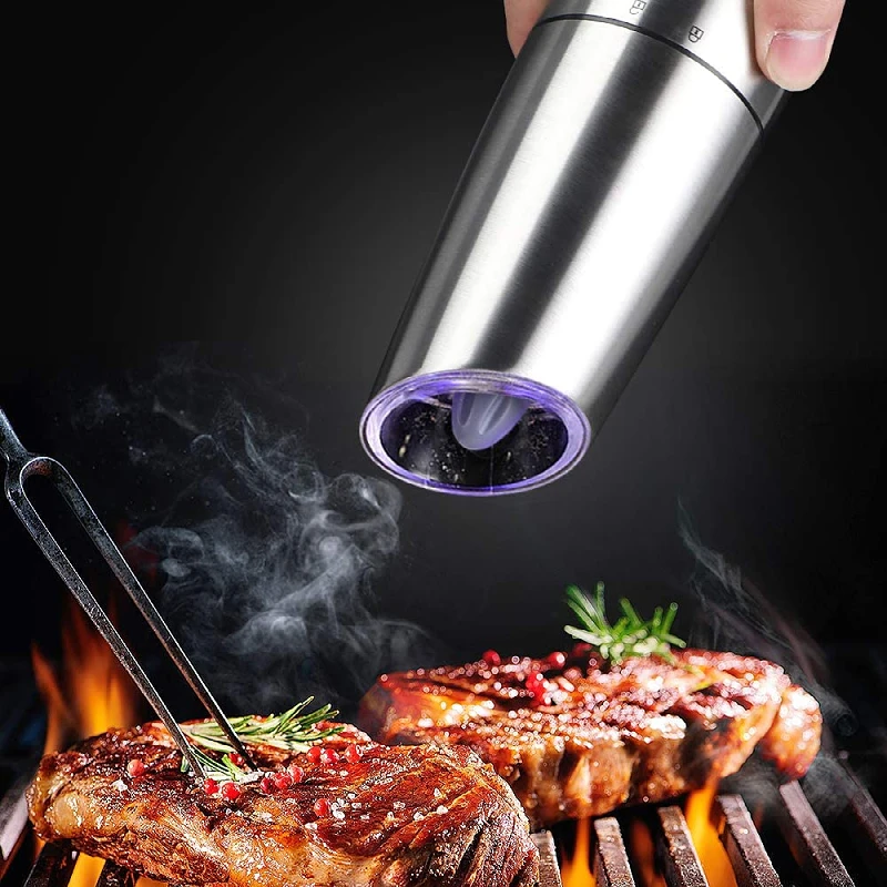 

High Quality Electric Pepper Mill Stainless Steel Batteries Operated Electric Gravity Salt Pepper Sense Grinder, Silver