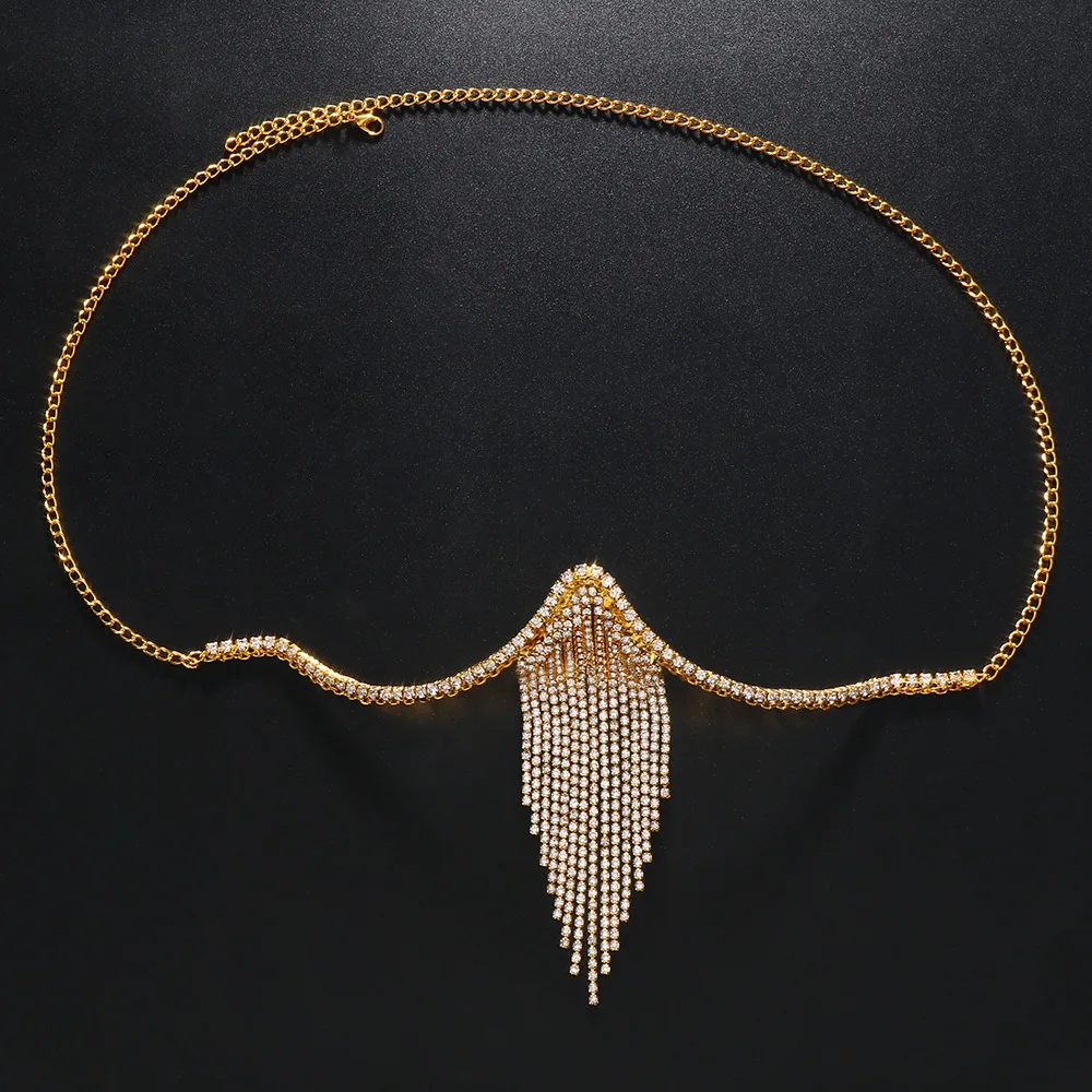 

Wholesale Gold Plated Jewelry Diamond Tassel Chest Chain Nightclub Crystal Pendant Zircon Bikini Body Chain For Women