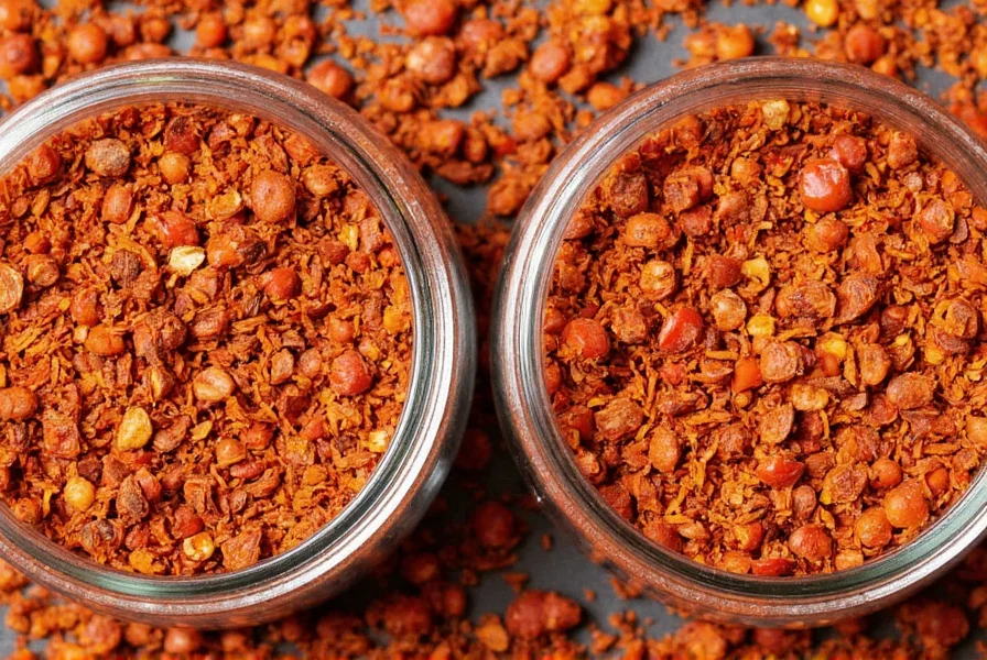 Close-up comparison of chili flakes and red pepper flakes showing identical appearance in glass jars