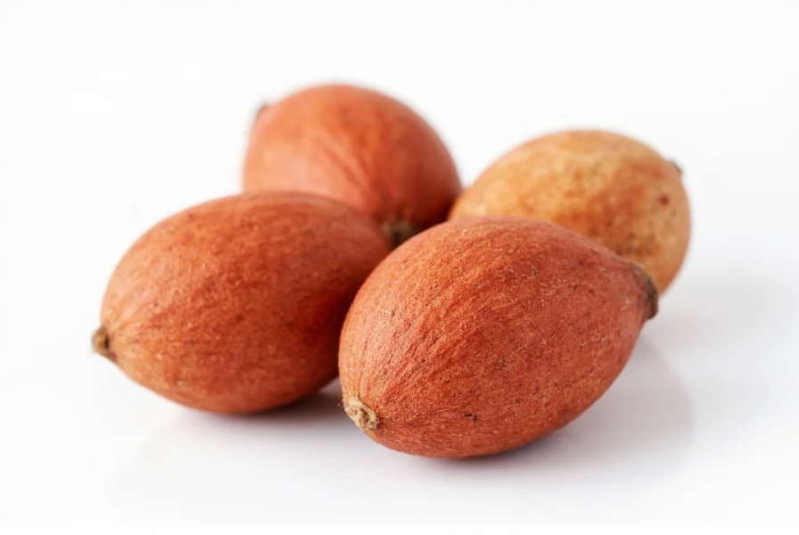 Close-up photograph of whole nutmeg seeds showing their characteristic reddish-brown color against a white background