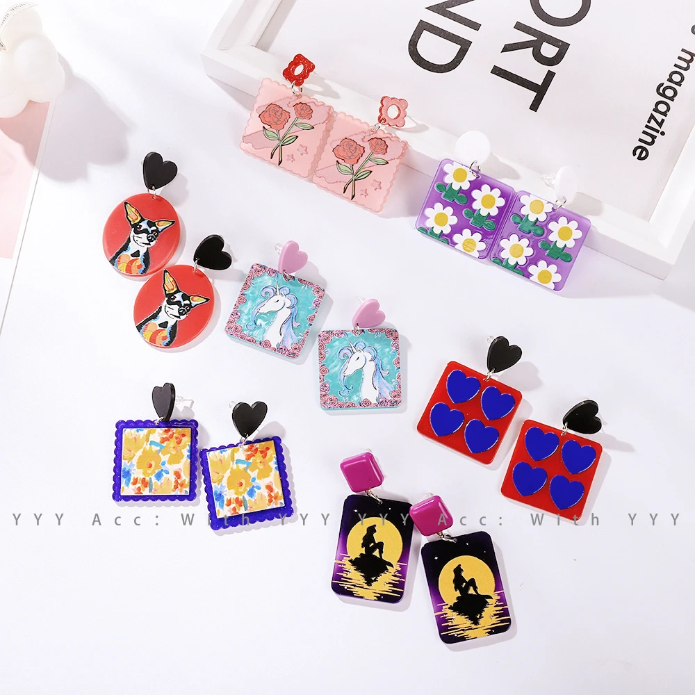 

ZY1272 Acrylic Earring Jewelry New Casual Flower Heart Doggy UV Print Dangle Earrings, Picture