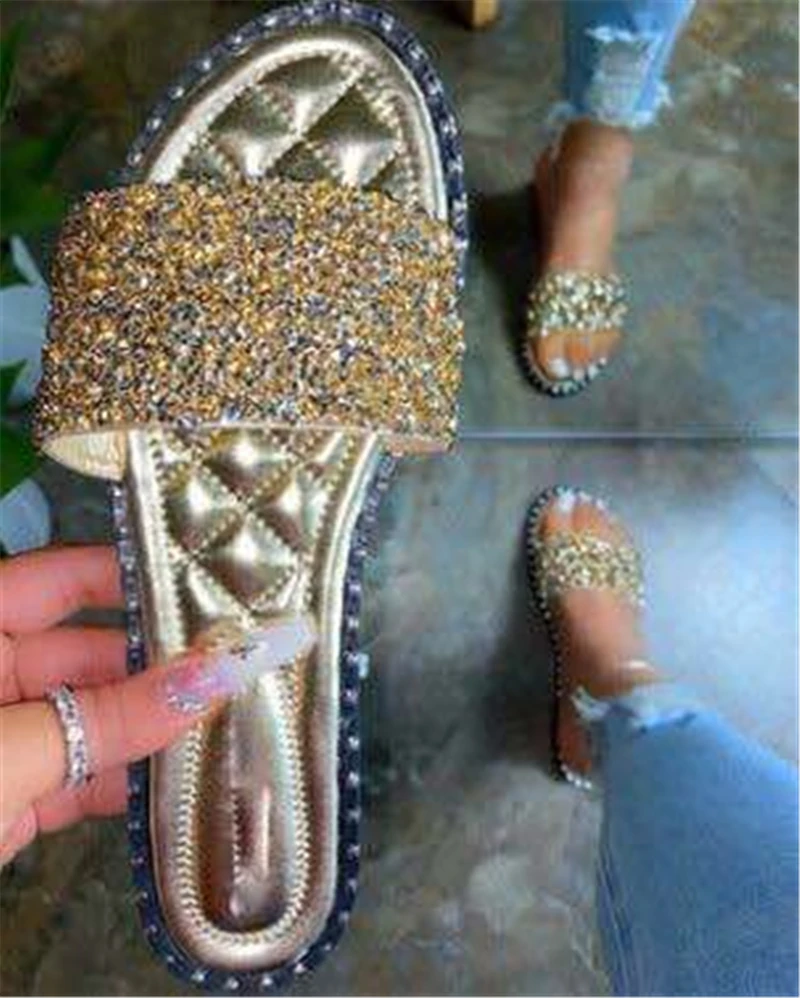 

Slippers Women Summer Sandal Fashion Bling Female Candy Color Flip Flops Beach Diamond Flat Shoes Outdoor Sandal