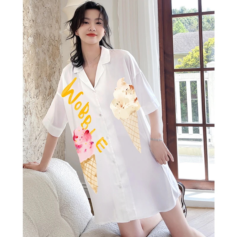 

Leisure style turn-down collar half sleeve sleepwear cartoon print satin nightgown for women