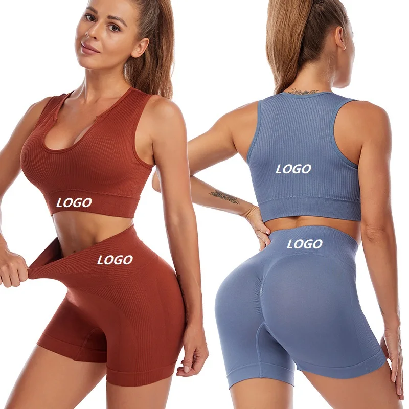 

Popular Customize Logo Women Wholesale Gym Wear Workout Clothing Summer Sports Fitness Bra Yoga Shorts Suit Set Sportswear, Black, skin, blue