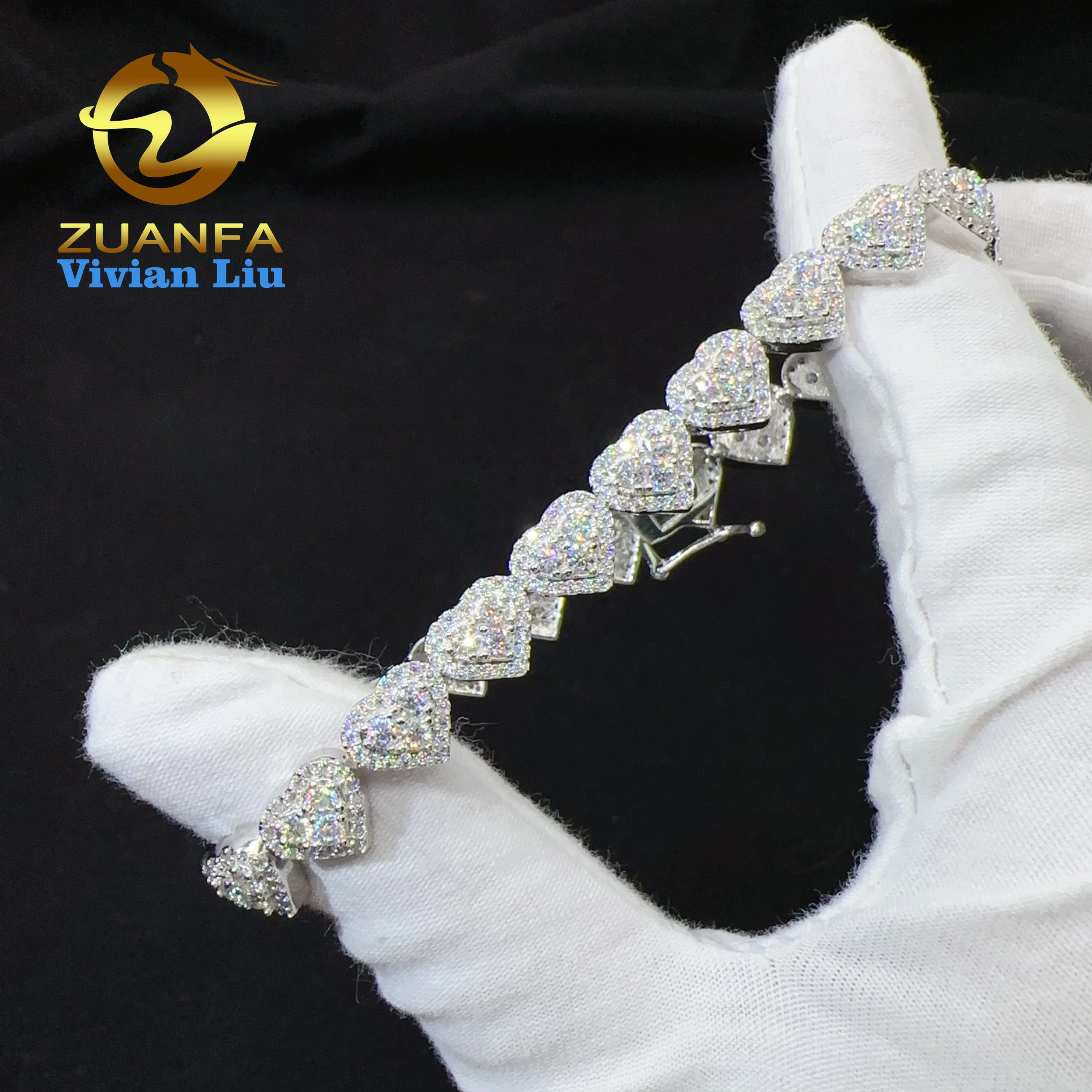 

Wholesale price sterling silver 925 iced out vvs moissanite fine hip hop jewelry heart cuban link chain bracelet for women