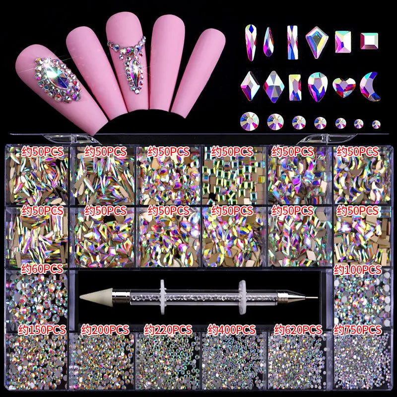 

1000 PCS Iridescent Multi-Shape Flat Back Shiny Nail Jewels Rhinestone Crystal