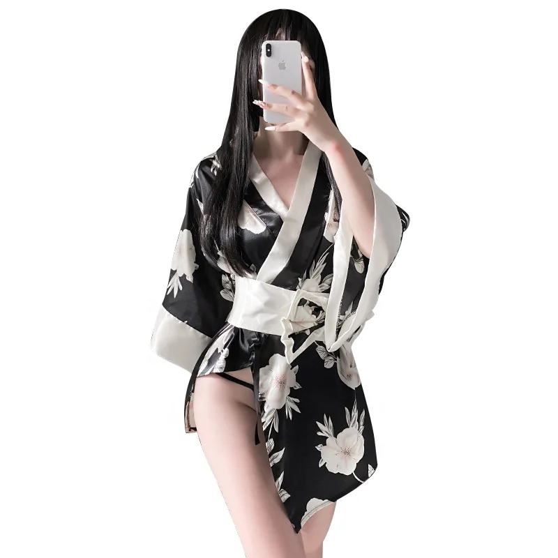 

New sexy underwear uniform temptation printed bow kimono Role Play Suit, Black+white