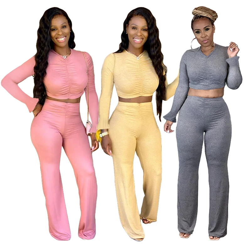 

Europe And American High Waist Long Sleeves T-shirt Ruffled Flared Pants Two-piece Suit 2XL, Pink, yellow, gray
